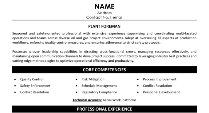 Plant Foreman Resume Sample
