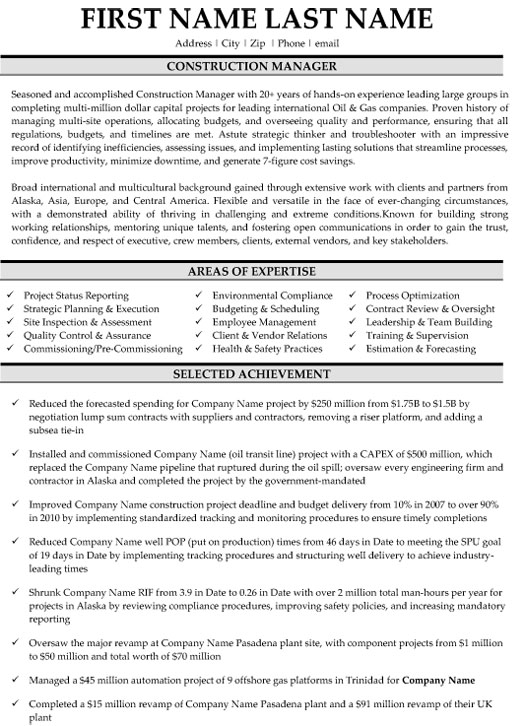 construction project manager resume summary ideas